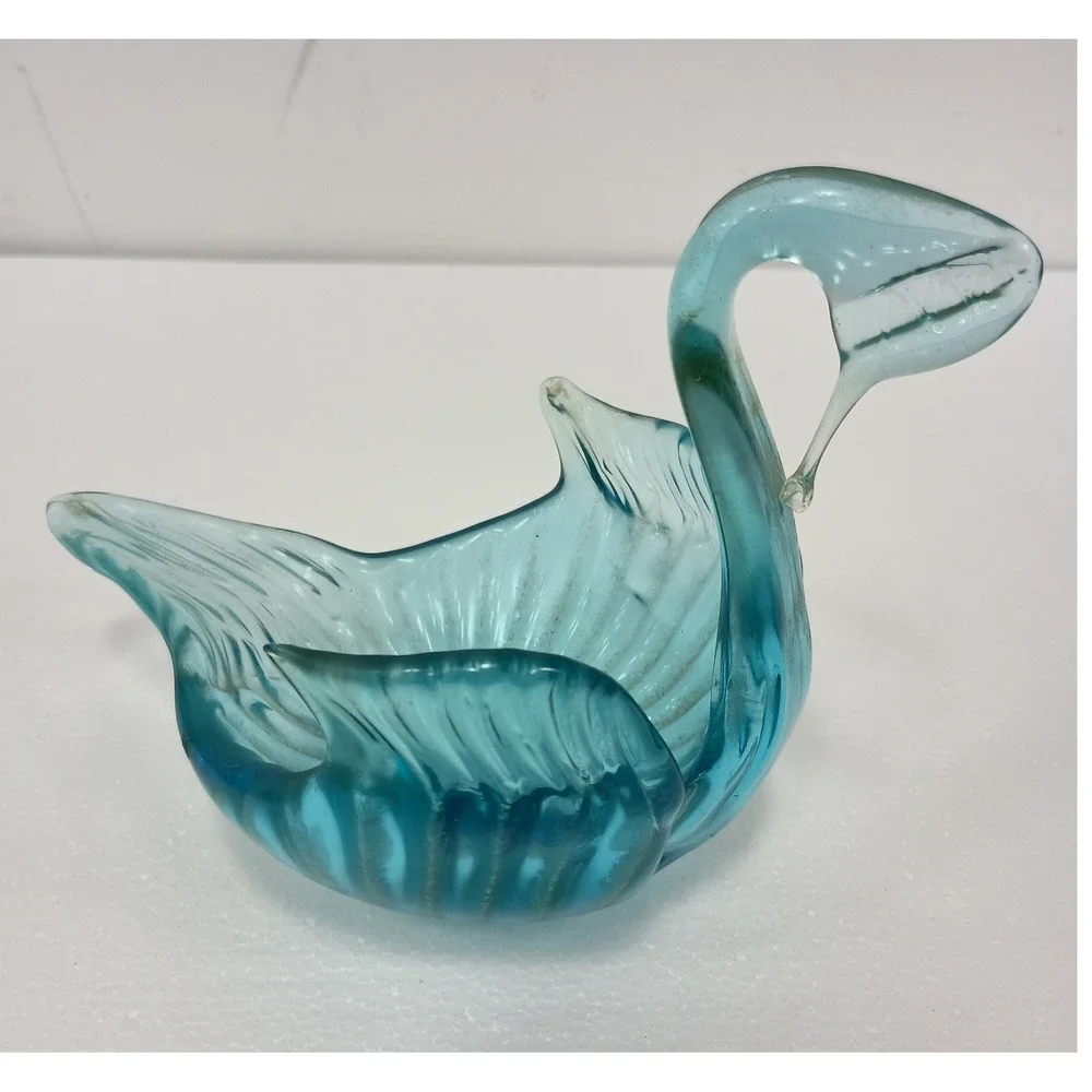 Vintage Art Glass Swan Bowl Blue Trinket Dish Decor Mid Century Modern Coastal